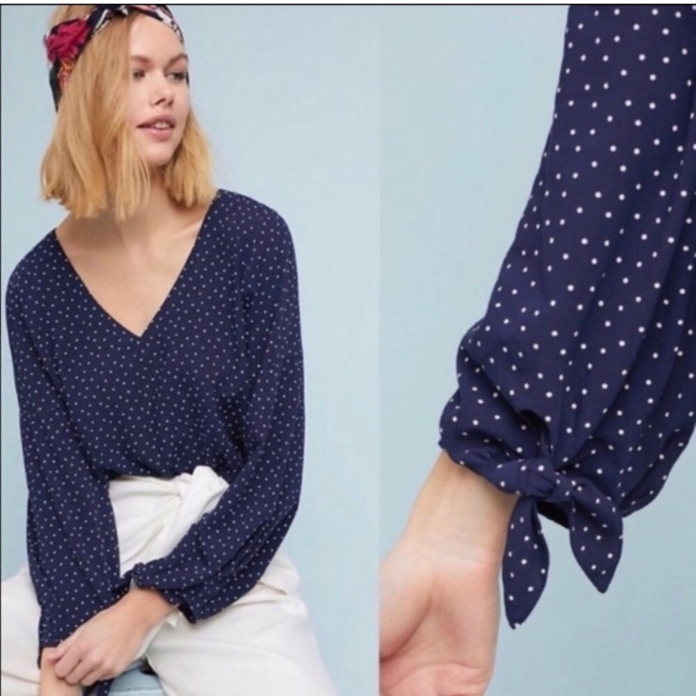 Anthropologie Maeve Blue and White Polka‎ Dot Shirt XS